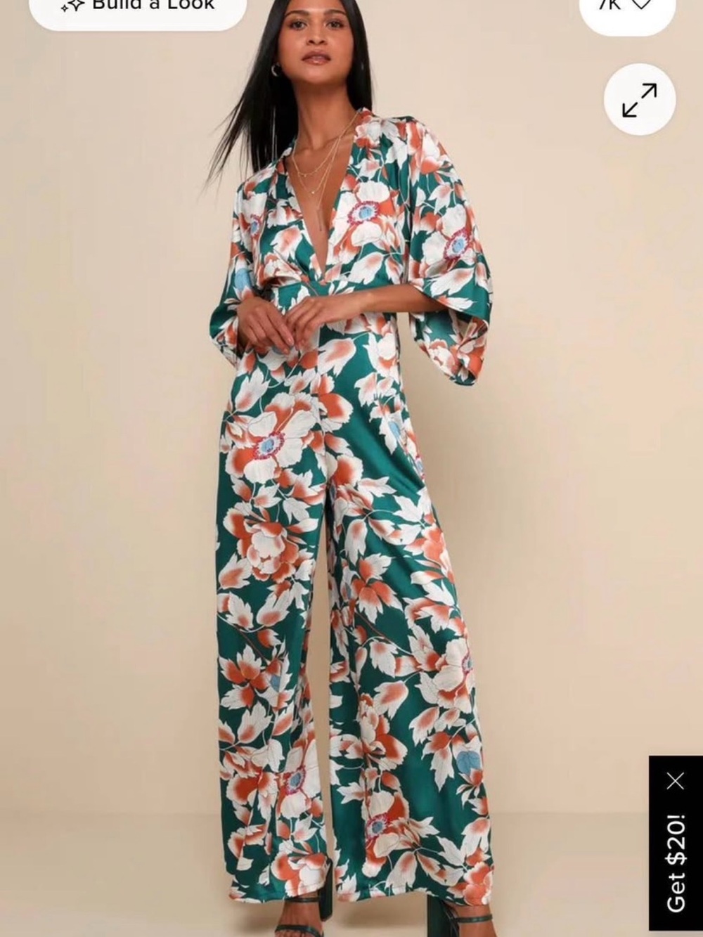 Lulu's Emerald Green Floral Satin Wide-Leg Jumpsuit